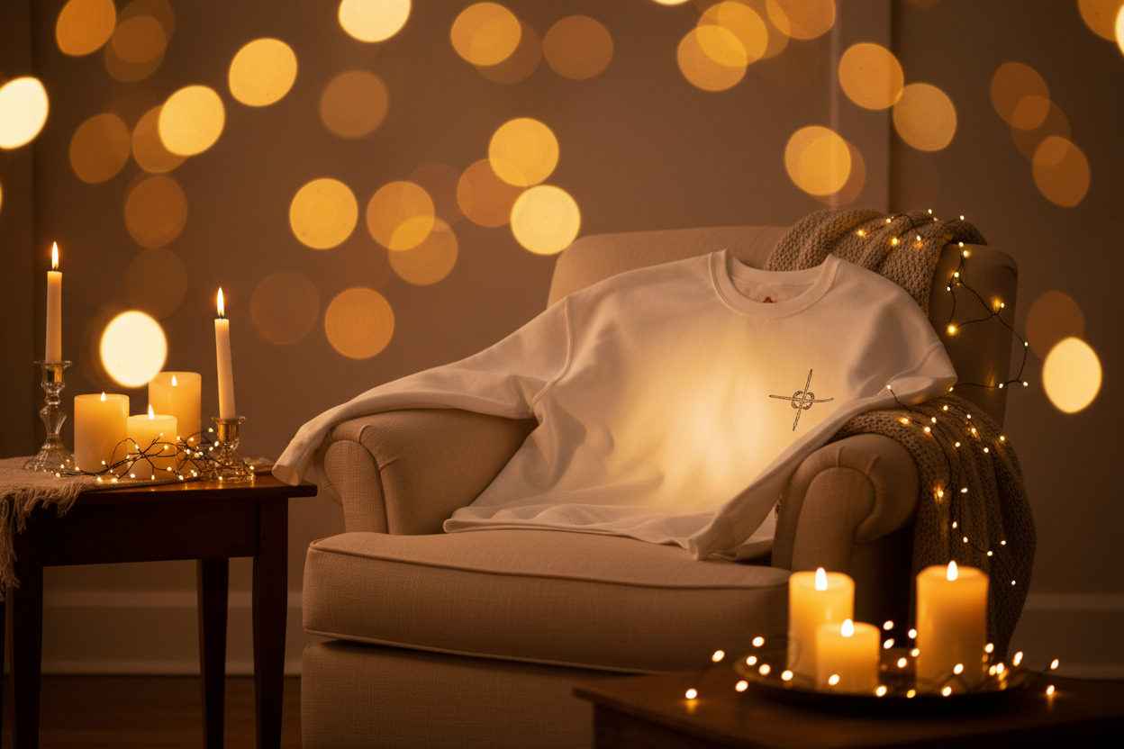 White sweatshirt candlelit mockup focused on chest sigil