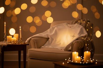 White sweatshirt candlelit mockup focused on chest sigil